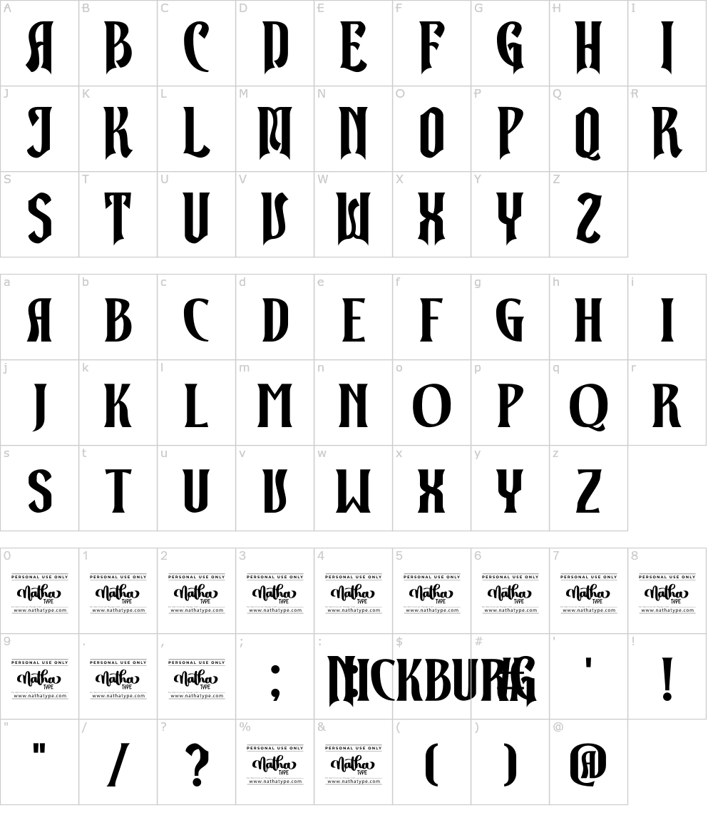 フォントの文字: Nickburg