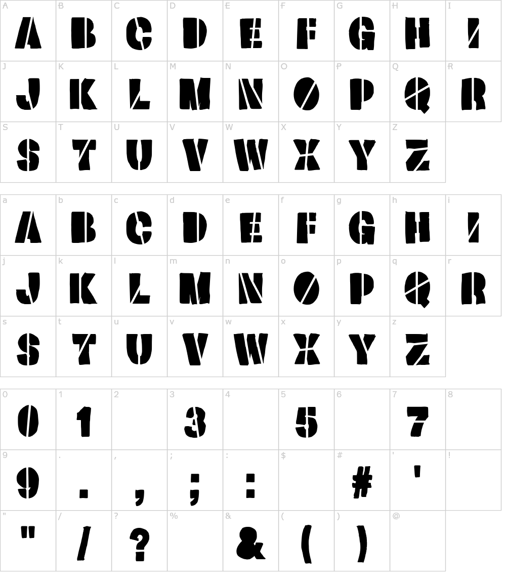Zeichen der Schriftart: Blocking Stencil