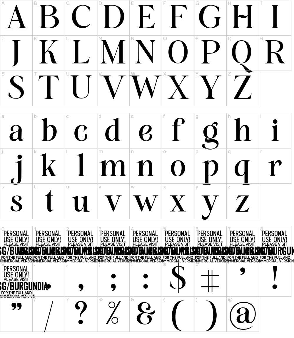 フォントの文字: Burgundia