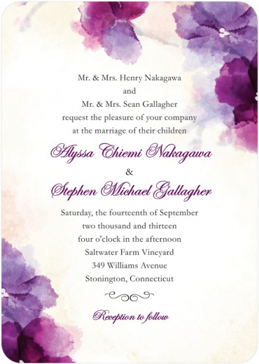 Soft Bougainvillea Wedding Invitation Featuring Edwardian Script Font