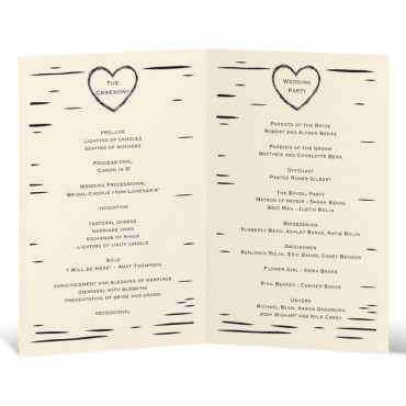 Birch Bark Heart Wedding Program Featuring Copperplate Font