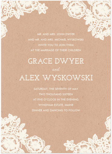 Lace and Kraft Wedding Invitation Featuring Josefin Slab Font