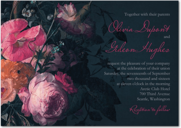 Midnight Bouquet Wedding Invitation Featuring Miss Le Gatees Font