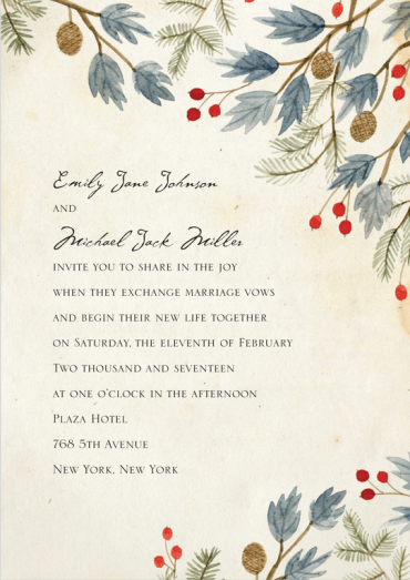 Winter Leaves Wedding Invitation Featuring Cezanne Font